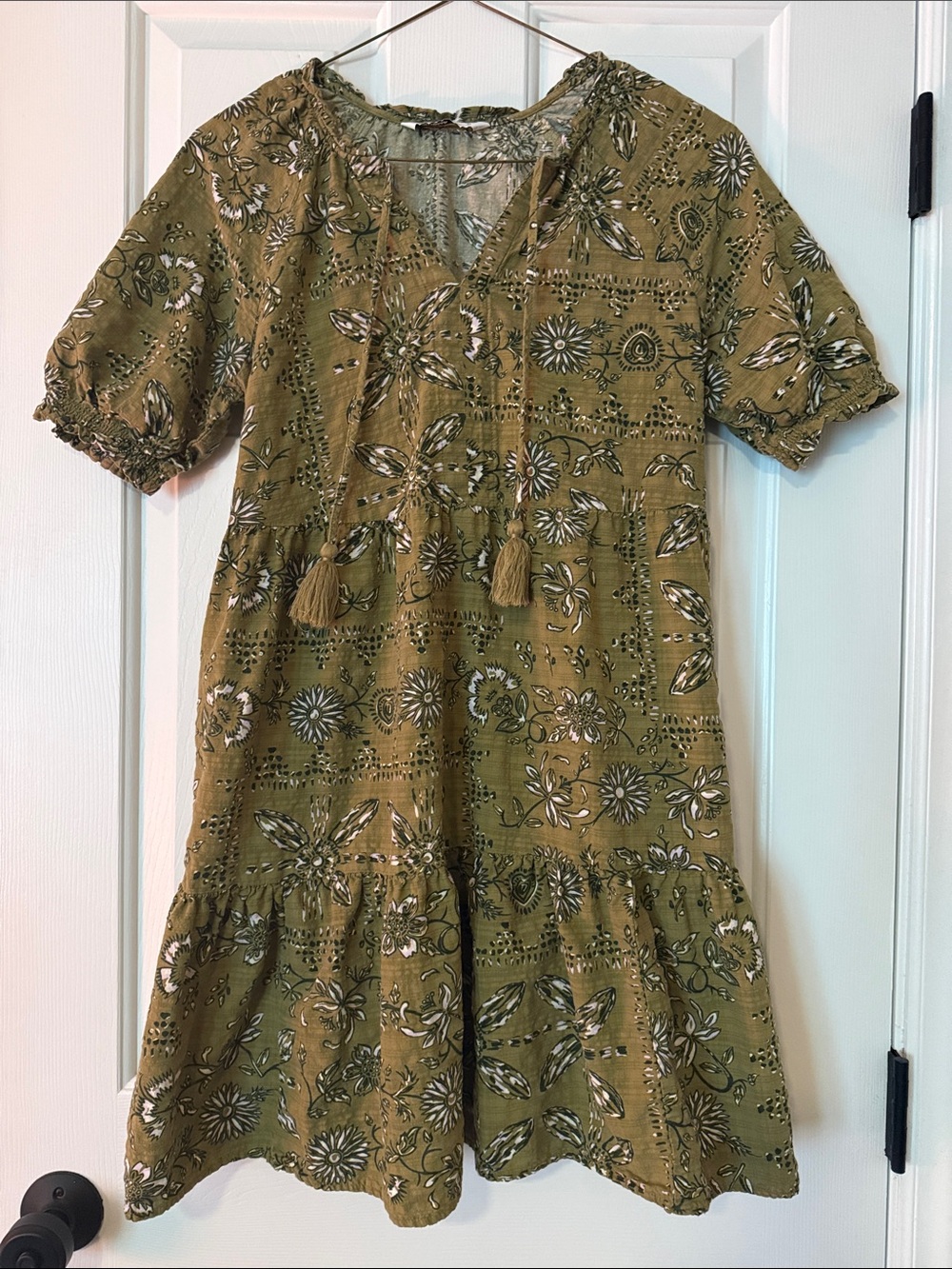 Sonoma Olive Green Floral Tassel Tie Dress